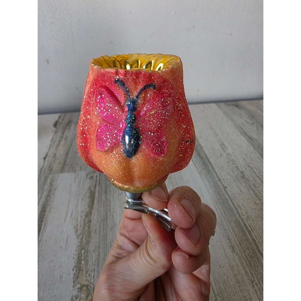 Vintage radko fluttering tulip ornament RARE clip butterfly‎ flower Xmas tree